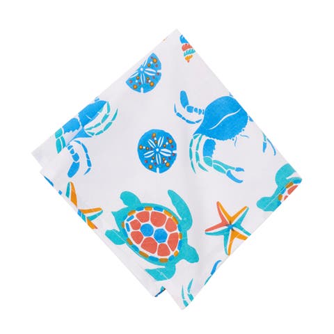 Caraway Coral Cloth Napkin Blue Seaturtle Crab & Starfish Print Set of 6