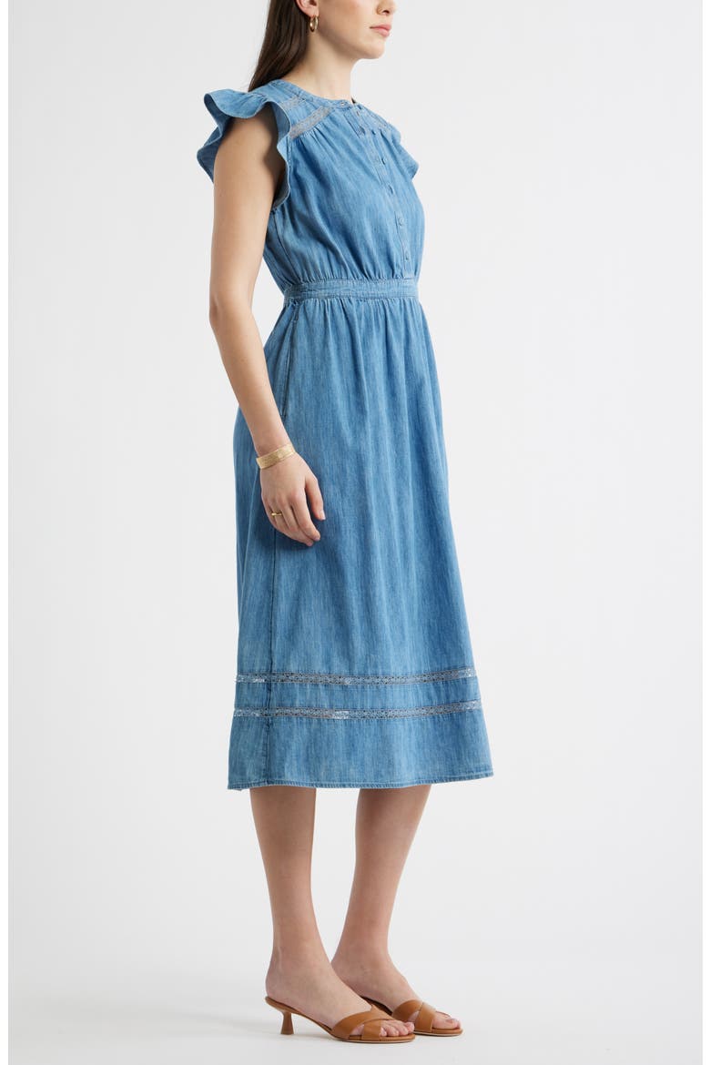 Flutter Sleeve Chambray Dress, Alternate, color, MEDIUM WASH