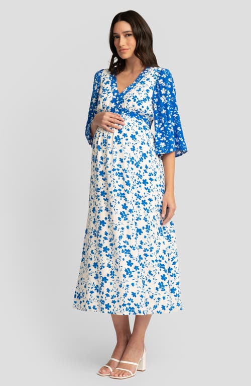 Shop Seraphine Floral Maternity/nursing Midi Dress In Blue/white