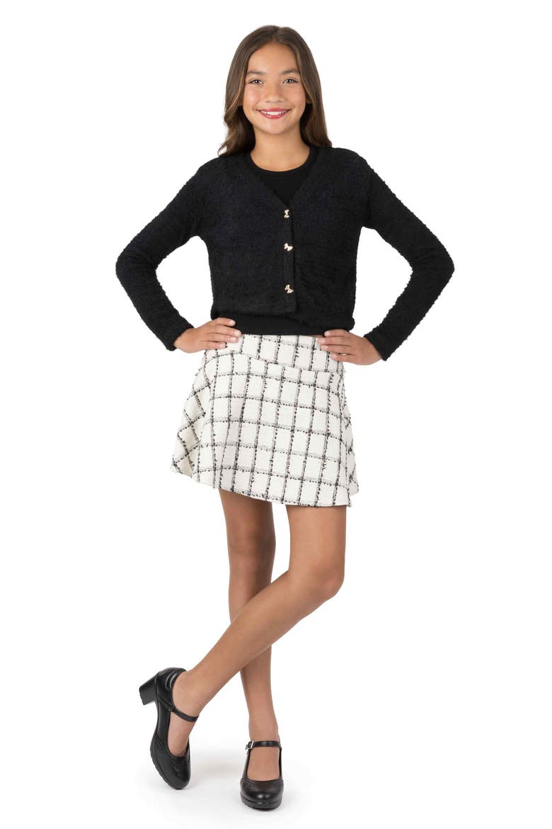 Kids' 3-Piece Fuzzy Cardigan, Tank & Skort Set, Alternate, color, IVORY/ BLACK