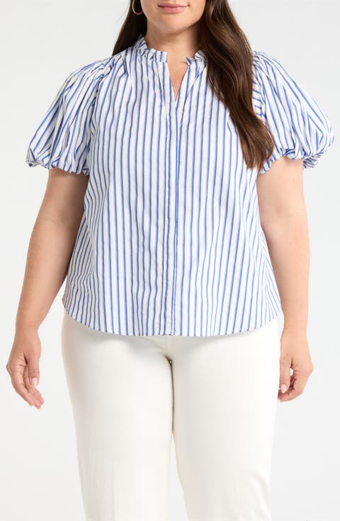 Striped Button Up Puff Sleeve Top (Plus)