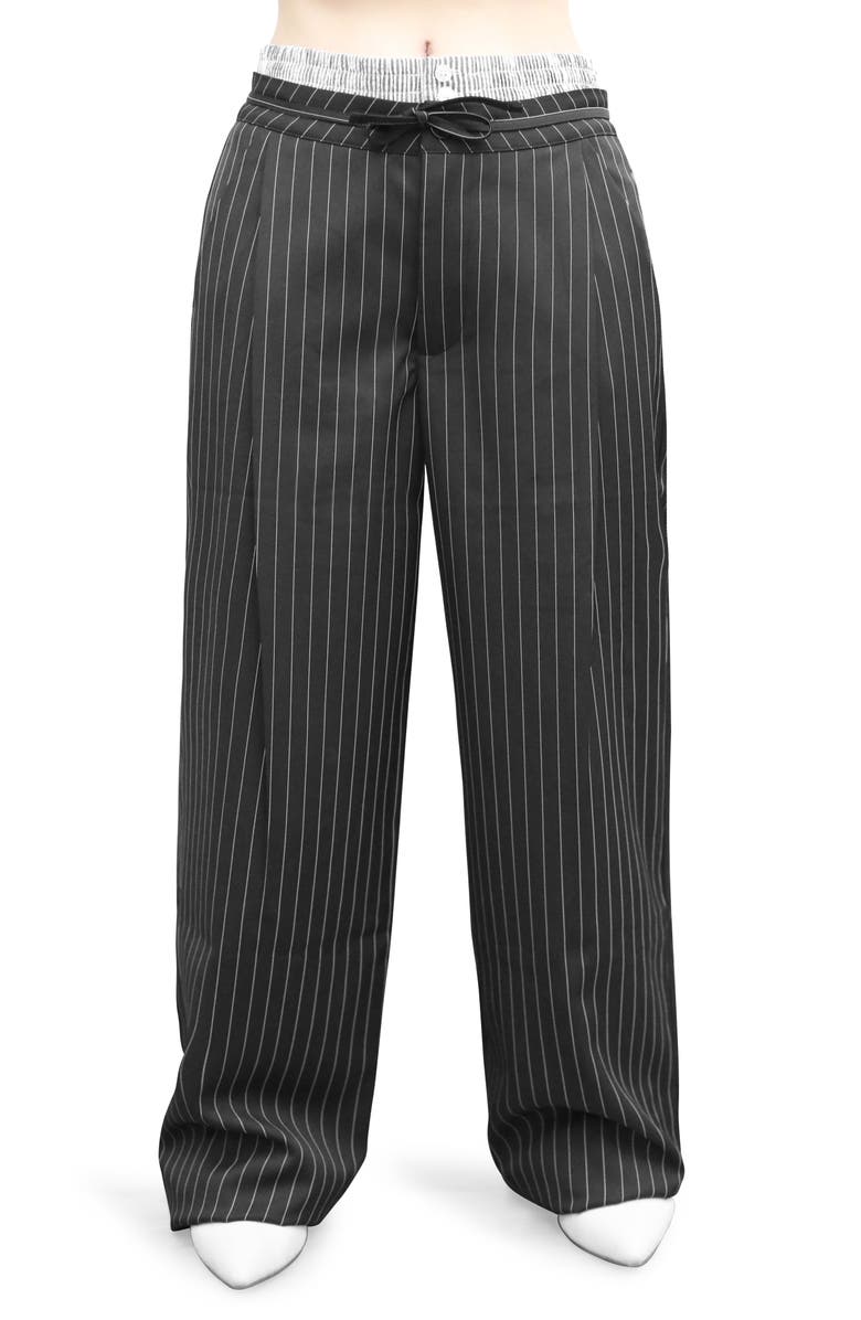 Madden Girl Boxer Waistband Pinstripe Dress Pants, Main, color, Black / White Stripe