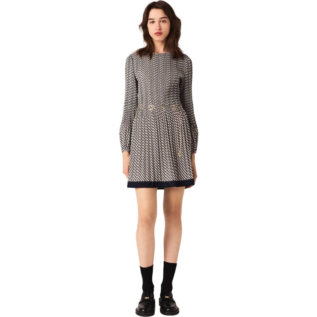 Maje Printed Pleated Mini Dress In Gray