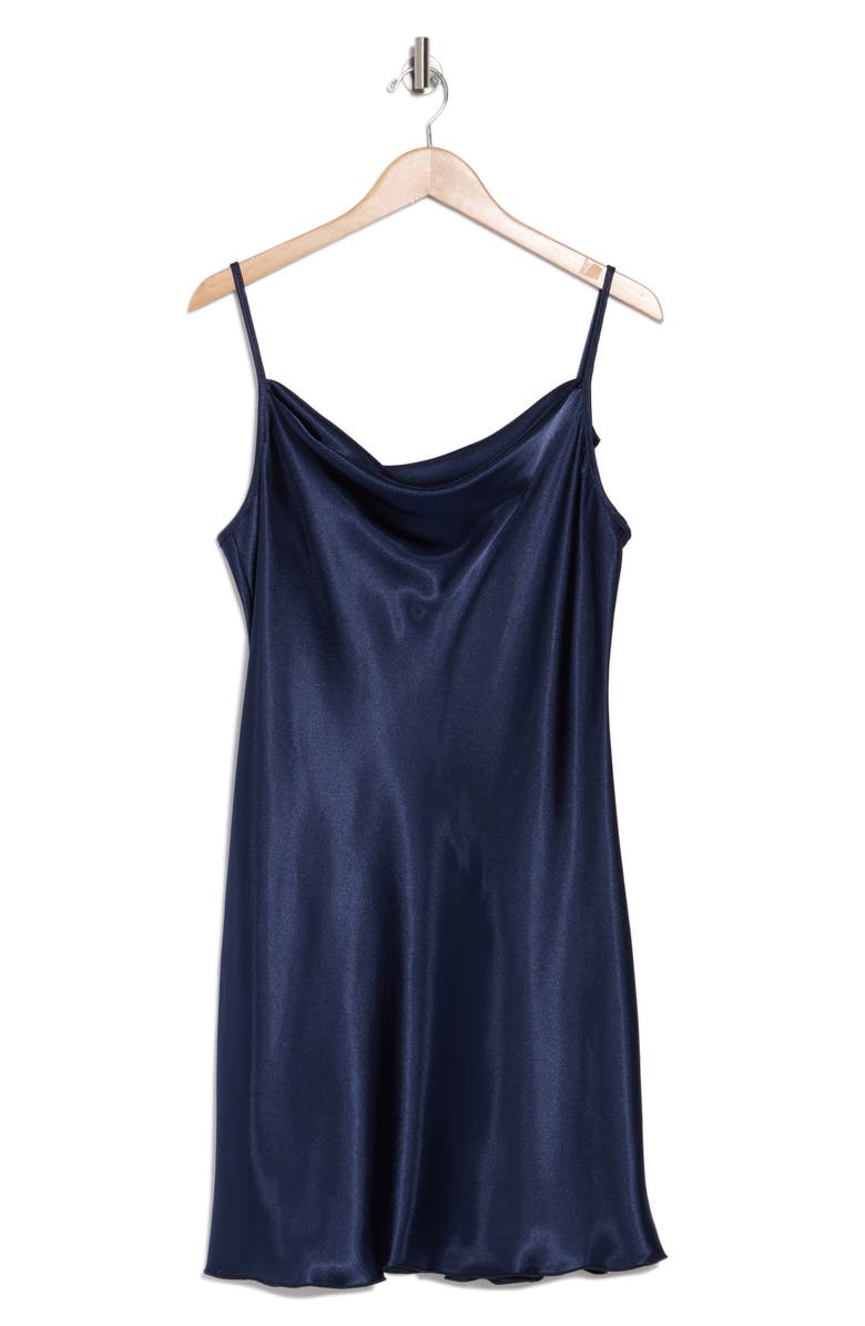 bebe Cowl Neck Satin Slip Dress, Alternate, color, Navy