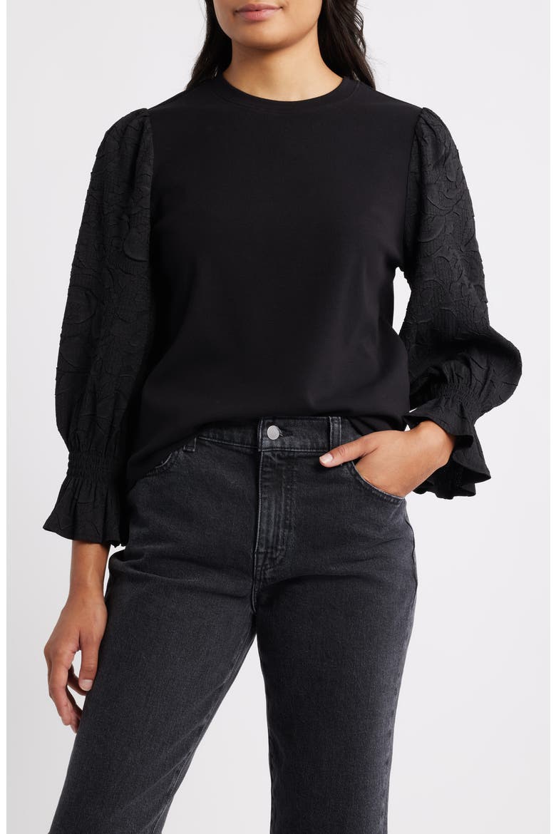 Mixed Media Smocked Sleeve Top, Main, color, BLACK