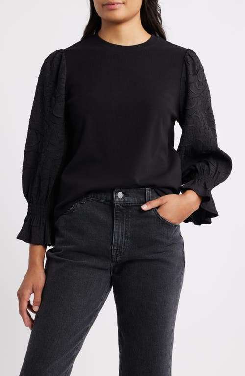 Wit & Wisdom Mixed Media Smocked Sleeve Top In Black