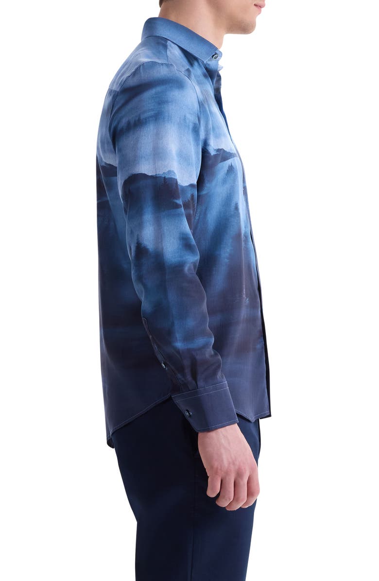 Bugatchi Julian Shaped Fit Landscape Print Lyocell Button-Up Shirt, Alternate, color, Teal
