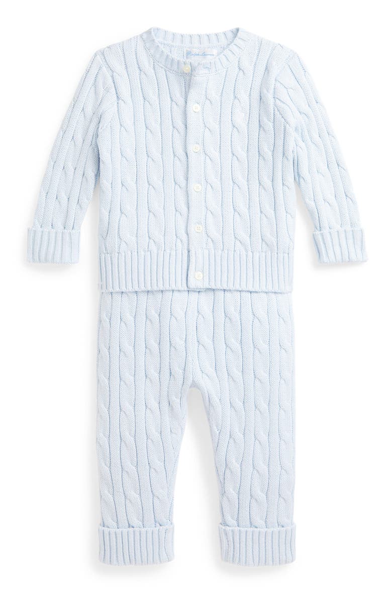 Ralph Lauren Cable Stitch Cotton Cardigan & Sweater Pants Set, Main, color,