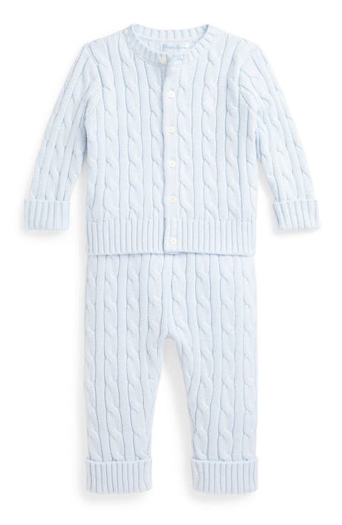 Cable Stitch Cotton Cardigan & Sweater Pants Set (Baby)