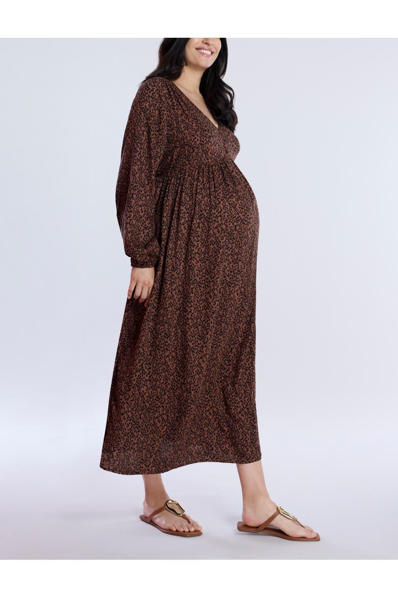 Long Sleeve Button Front Maternity Midi Dress, Alternate, color, Brown Animal