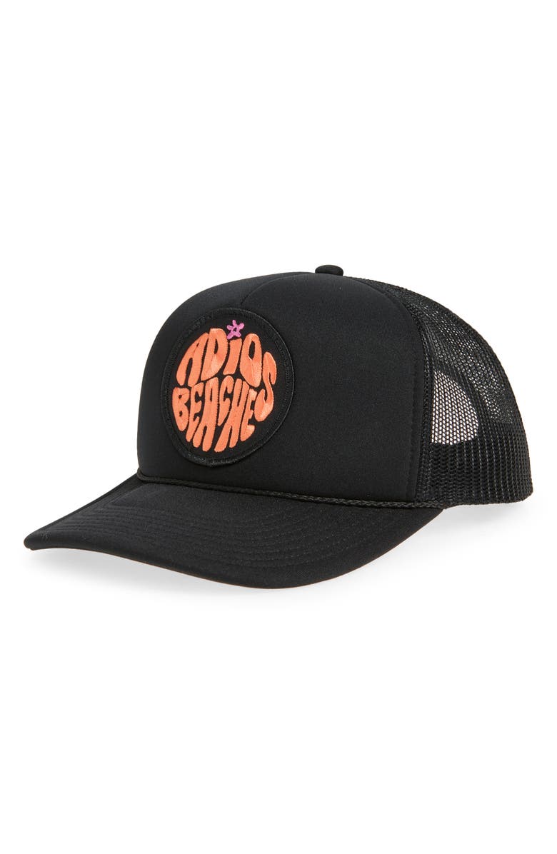 Local Beach Adios Beaches Patch Trucker Hat, Main, color, Black