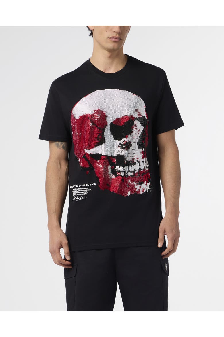 Round Neck T-Shirt Red Skull Skull Men, Main, color, black