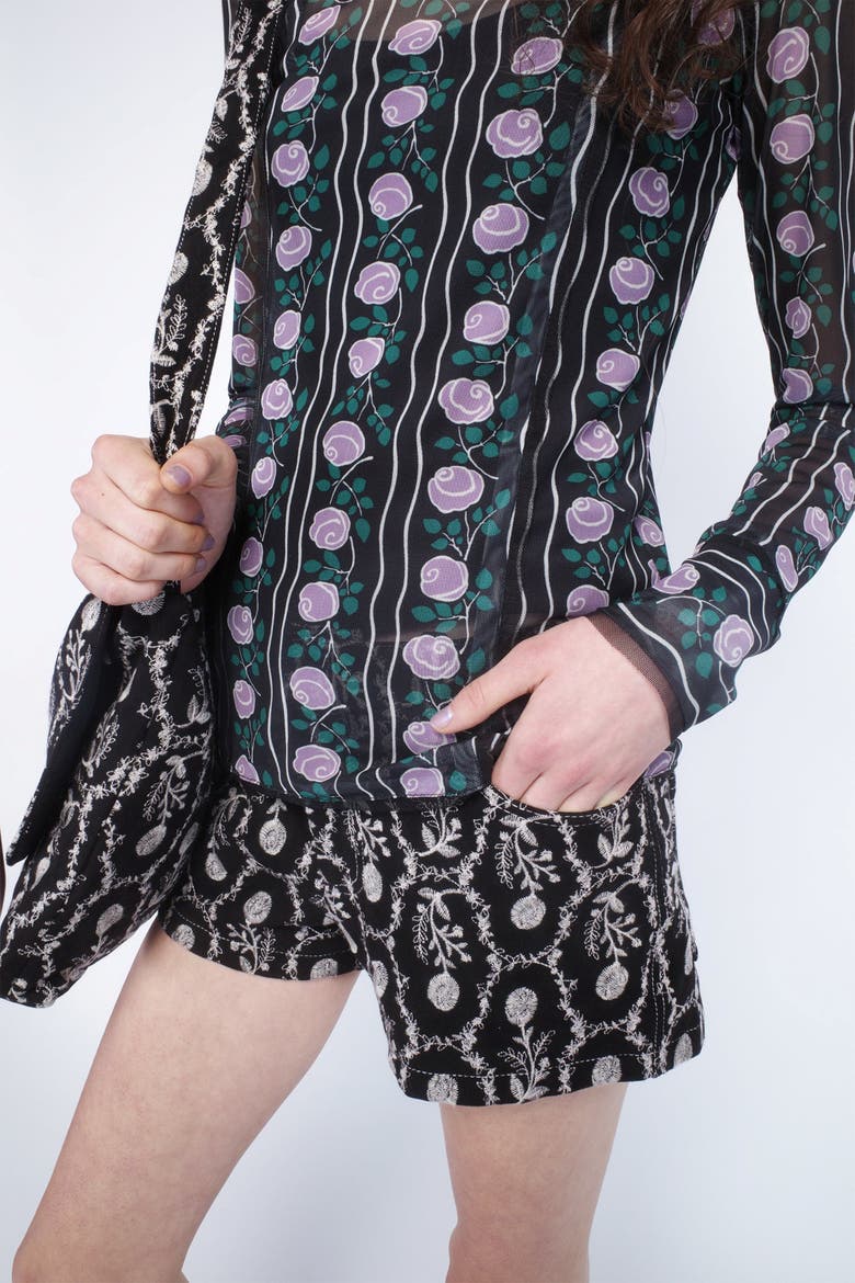 Sleeping Beauty Embroidered Faux Suede Shorts, Alternate, color, BLACK