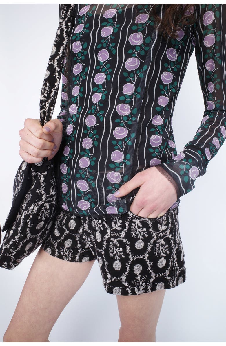 Anna Sui Sleeping Beauty Embroidered Faux Suede Shorts, Alternate, color, Black