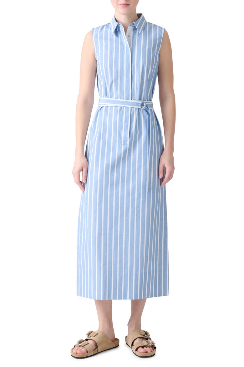 Stripe Belted Cotton Midi Shirtdress, Main, color, MEDIUM BLUE-CREAM