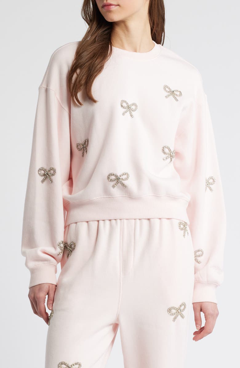 LoveShackFancy Amiyla Crystal Bow Sweatshirt, Main, color, 
