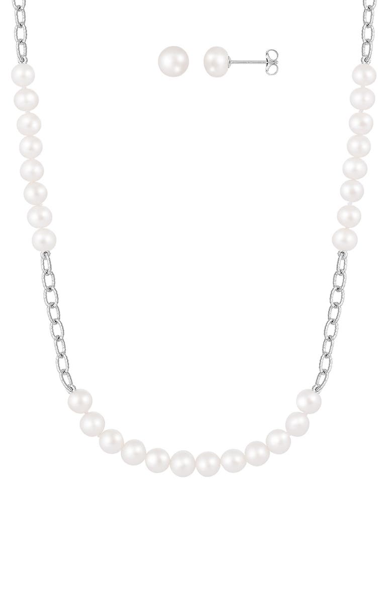 Rhodium Plated Sterling Silver 6-7mm Cultured Freshwater Pearl Stud Earrings & Necklace 3-Piece Set, Alternate, color, WHITE