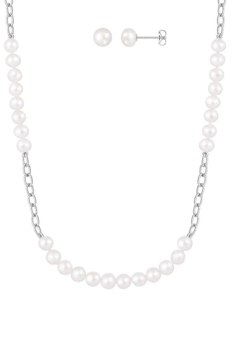 SPLENDID PEARLS Rhodium Plated Sterling Silver 6-7mm Cultured Freshwater Pearl Stud Earrings & Necklace 3-Piece Set, Alternate, color, 