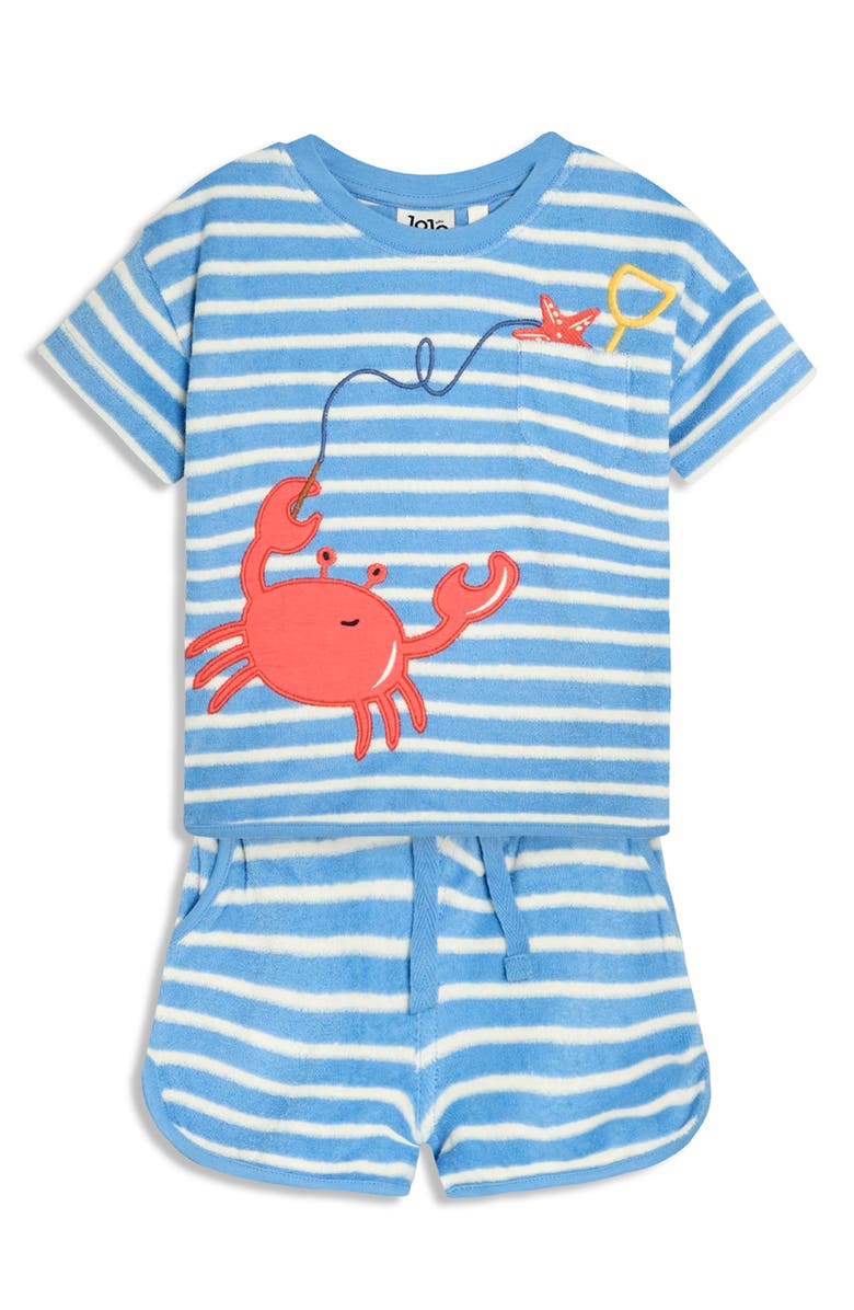 JOJO MAMAN BEBE Crab Appliqué Stripe Terry Cloth T-Shirt & Drawstring Shorts Set, Main, color, Blue