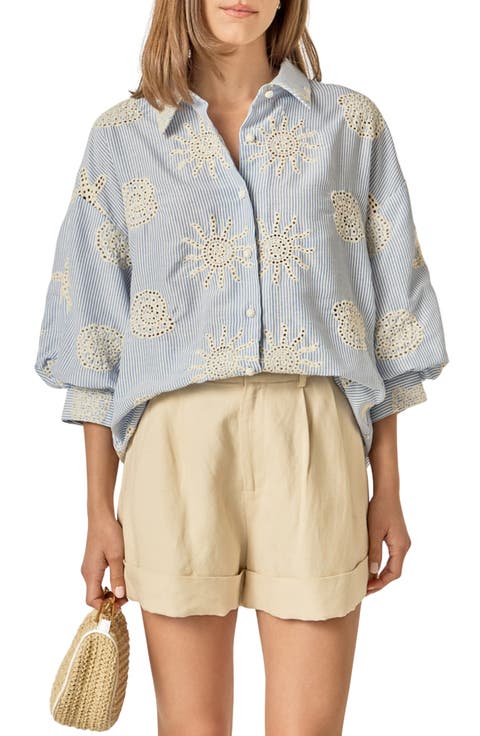Striped Eyelet Embroidery Voluminous Shirt