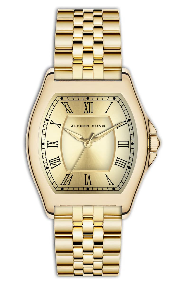 Alfred Sung Heritage Tonneau Bracelet Strap Watch, 22mm x 32mm, Main, color, Gold Bracelet/Gold Dial