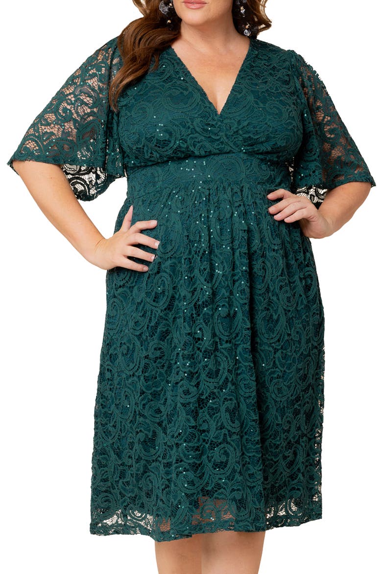Starry Sequin Lace Fit & Flare Cocktail Dress, Alternate, color, EMERALD GREEN