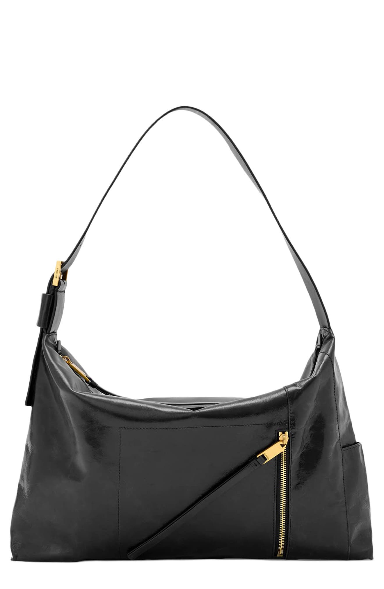 Alba Shine Leather Shoulder Bag, Main, color, BLACK