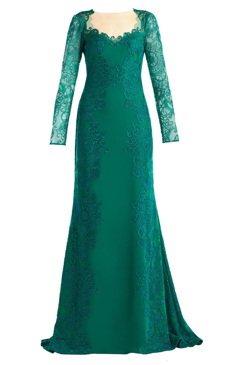 Embroidered Lace Long Sleeve Crepe Gown, Alternate, color, EMERALD