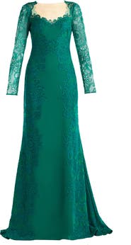 Tadashi Shoji Embroidered Lace Long Sleeve Crepe Gown