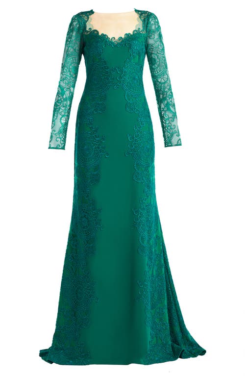 Tadashi Shoji Embroidered Lace Long Sleeve Crepe Gown In Green