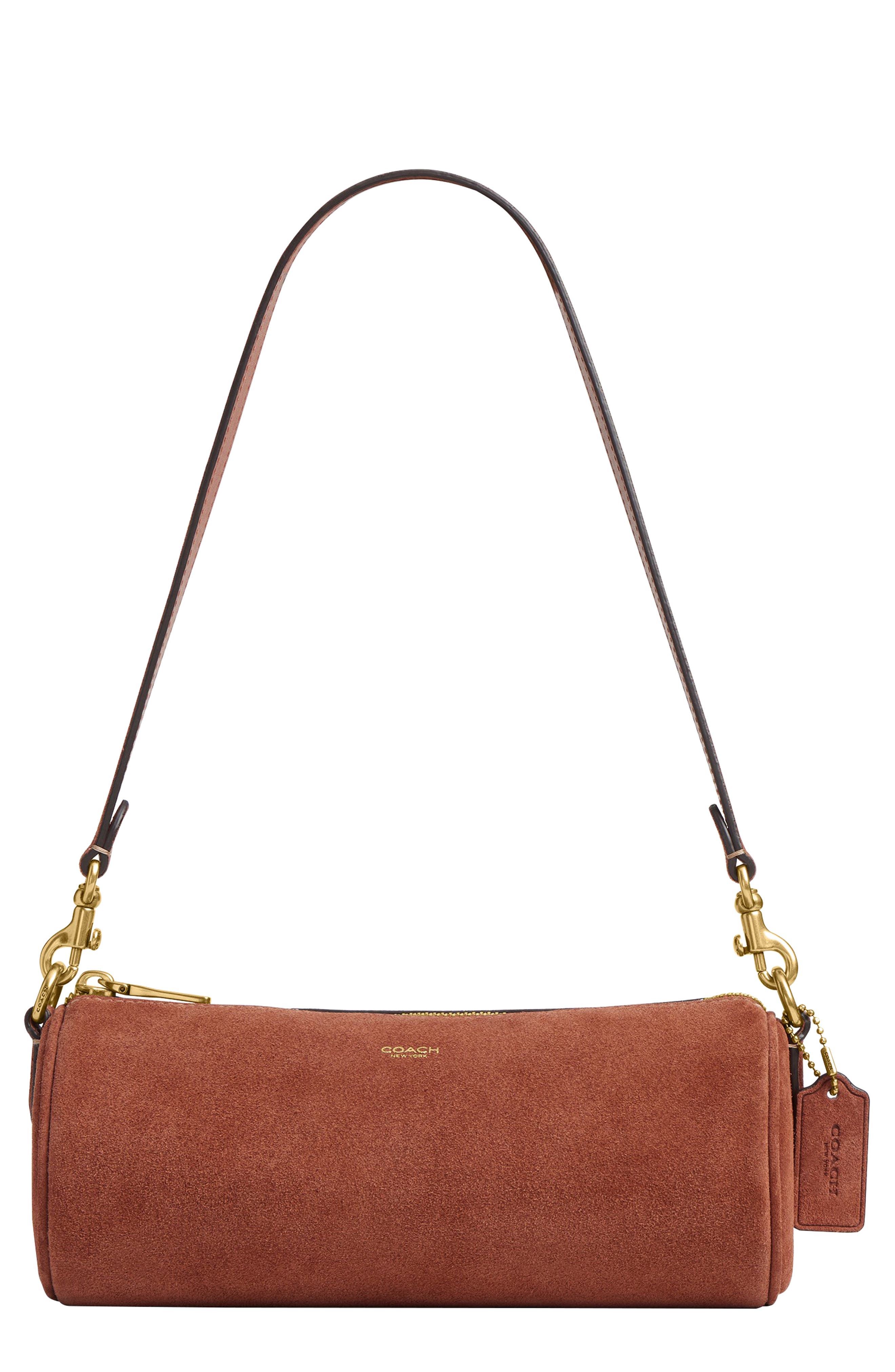 COACH Suede Barrel Bag, Main, color, Clay