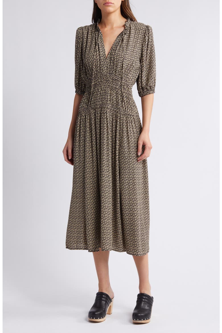 Puff Sleeve Drop Waist Midi Dress, Main, color, BLACK- BEIGE FLORAL