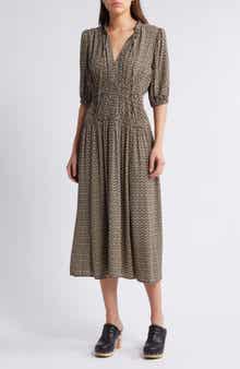 Puff Sleeve Drop Waist Midi Dress