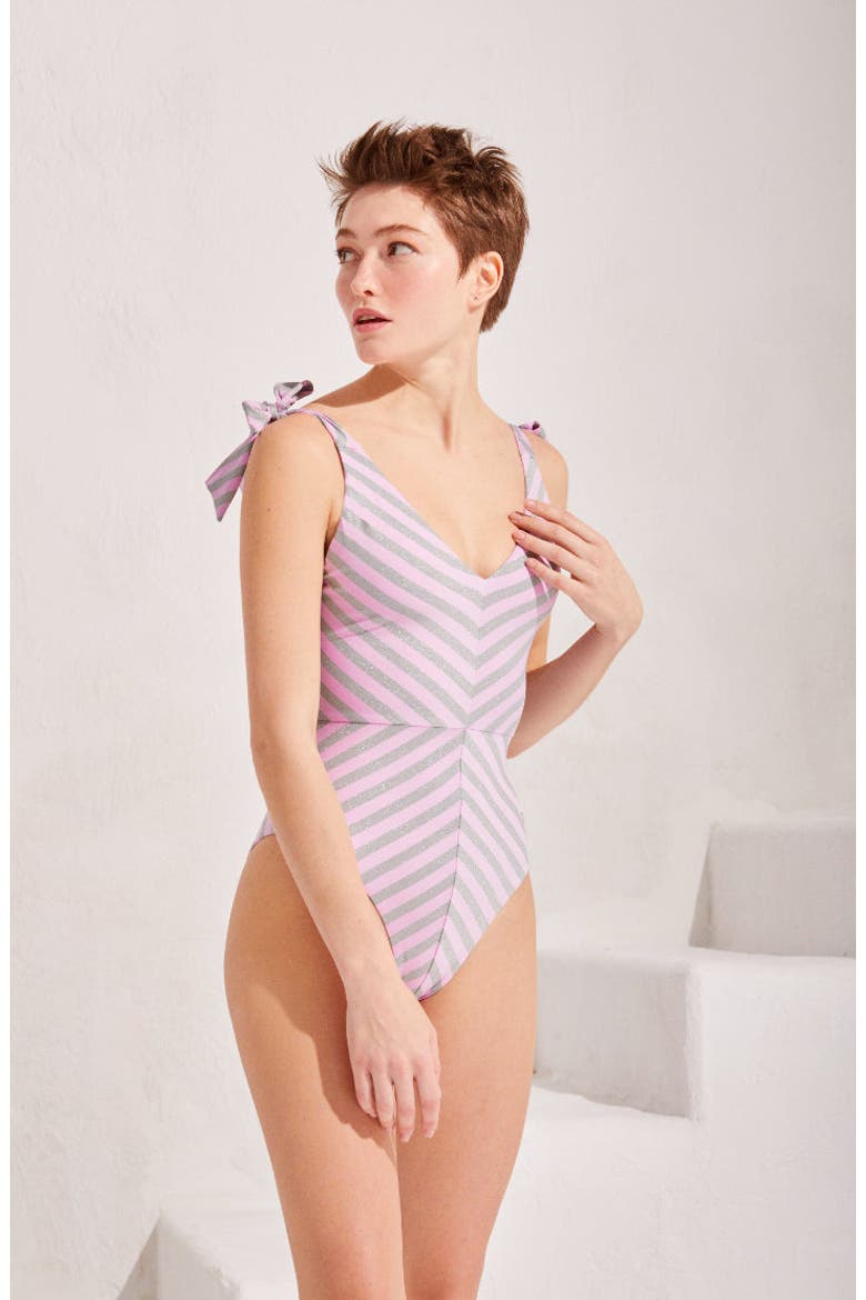 Beyond The Lines V Swimsuit, Alternate, color, Lila/Silver