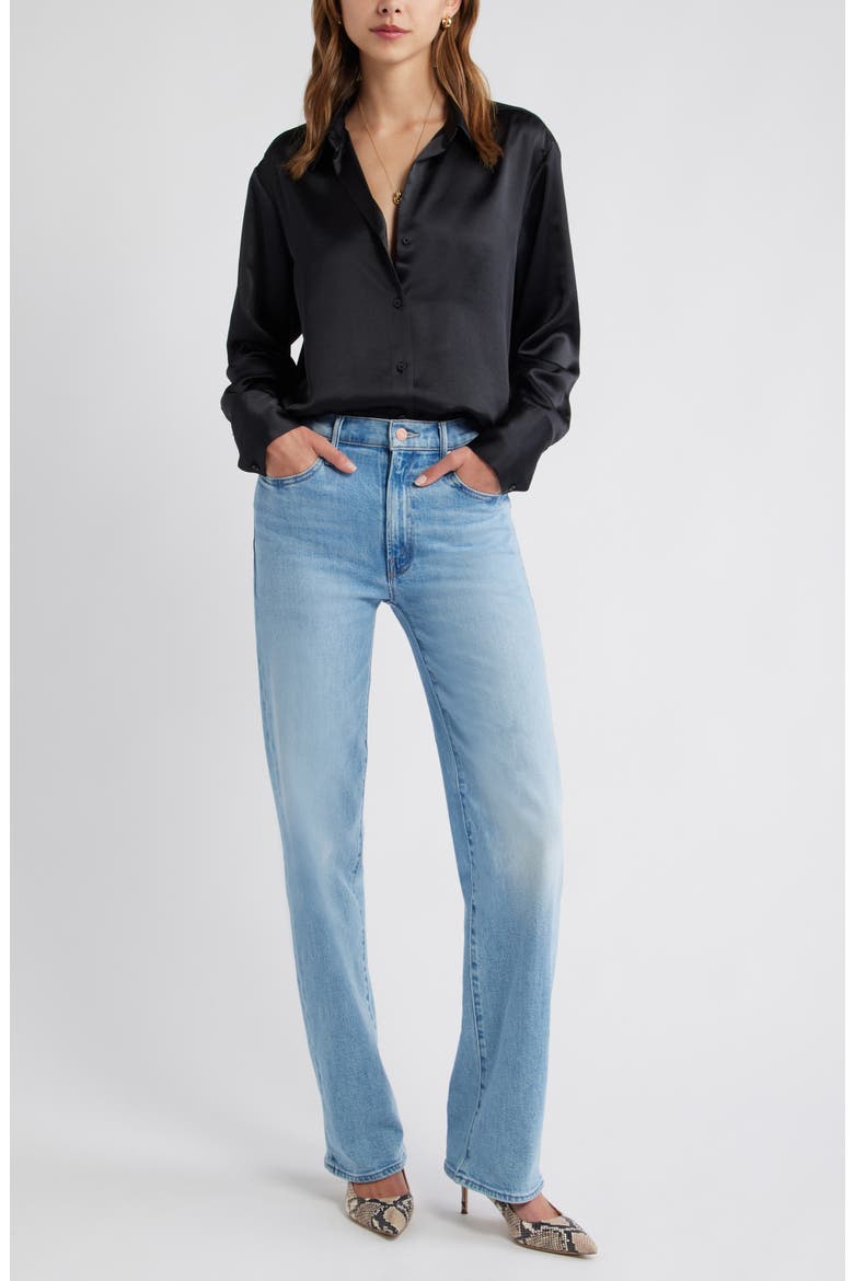 Relaxed Fit Satin Button-Up Shirt, Alternate, color, BLACK
