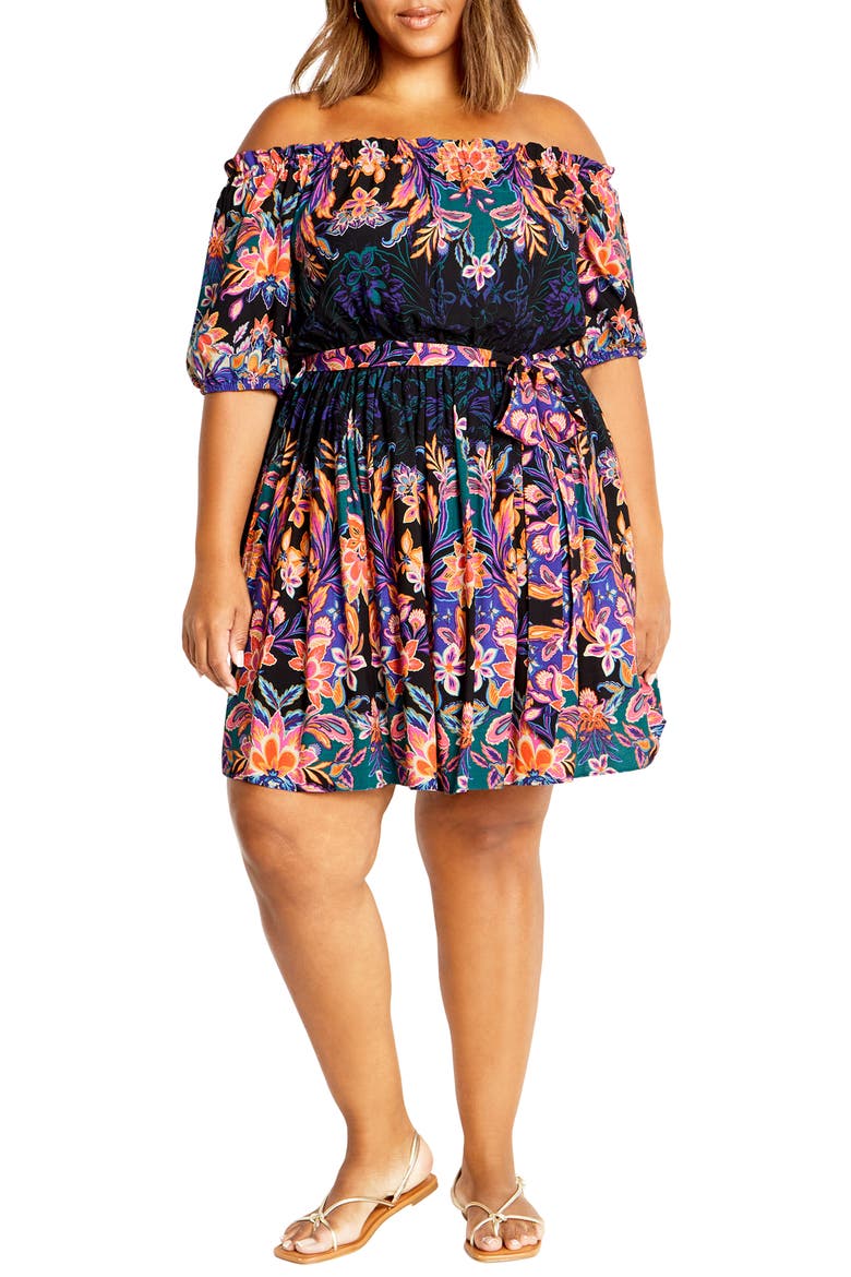 Isla Floral Off the Shoulder Dress, Main, color, ISLAND BREEZE