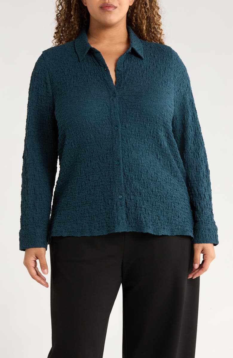 Eileen Fisher Slim Organic Cotton Blend Knit Button-Up Shirt, Main, color, Alpine