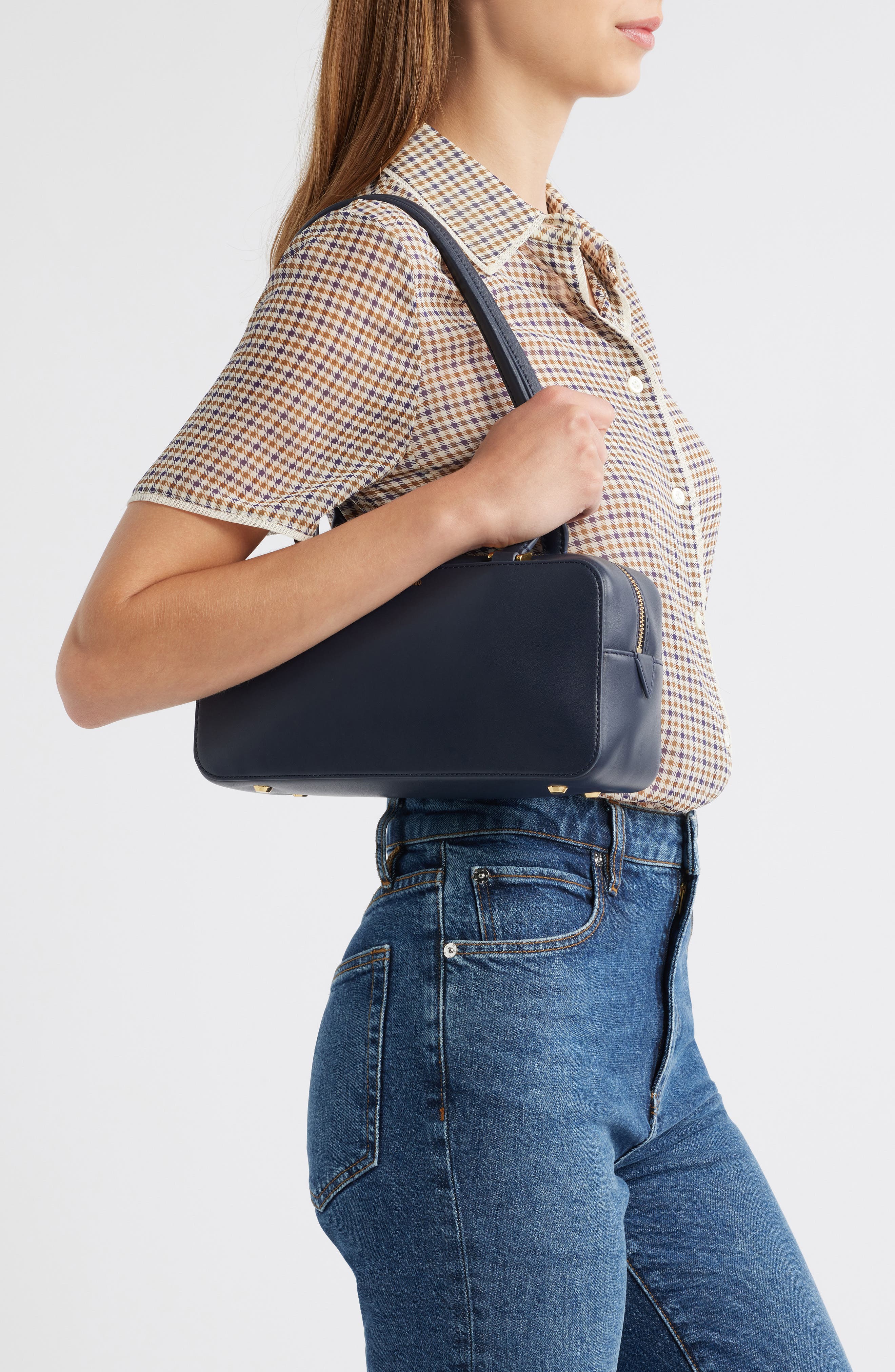 Veronica Beard Boxy Leather Shoulder Bag, Alternate, color, Navy