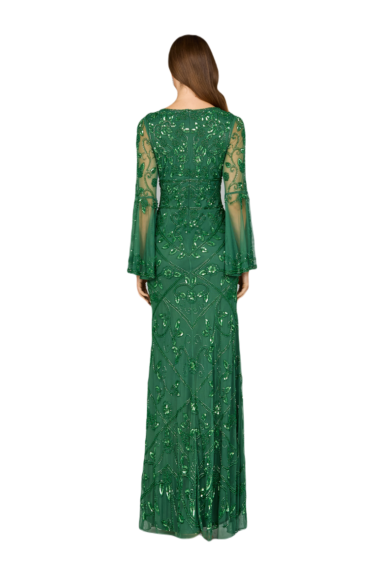 Bell Sleeved High Neck Beaded Gown, Alternate, color, ForestGreen