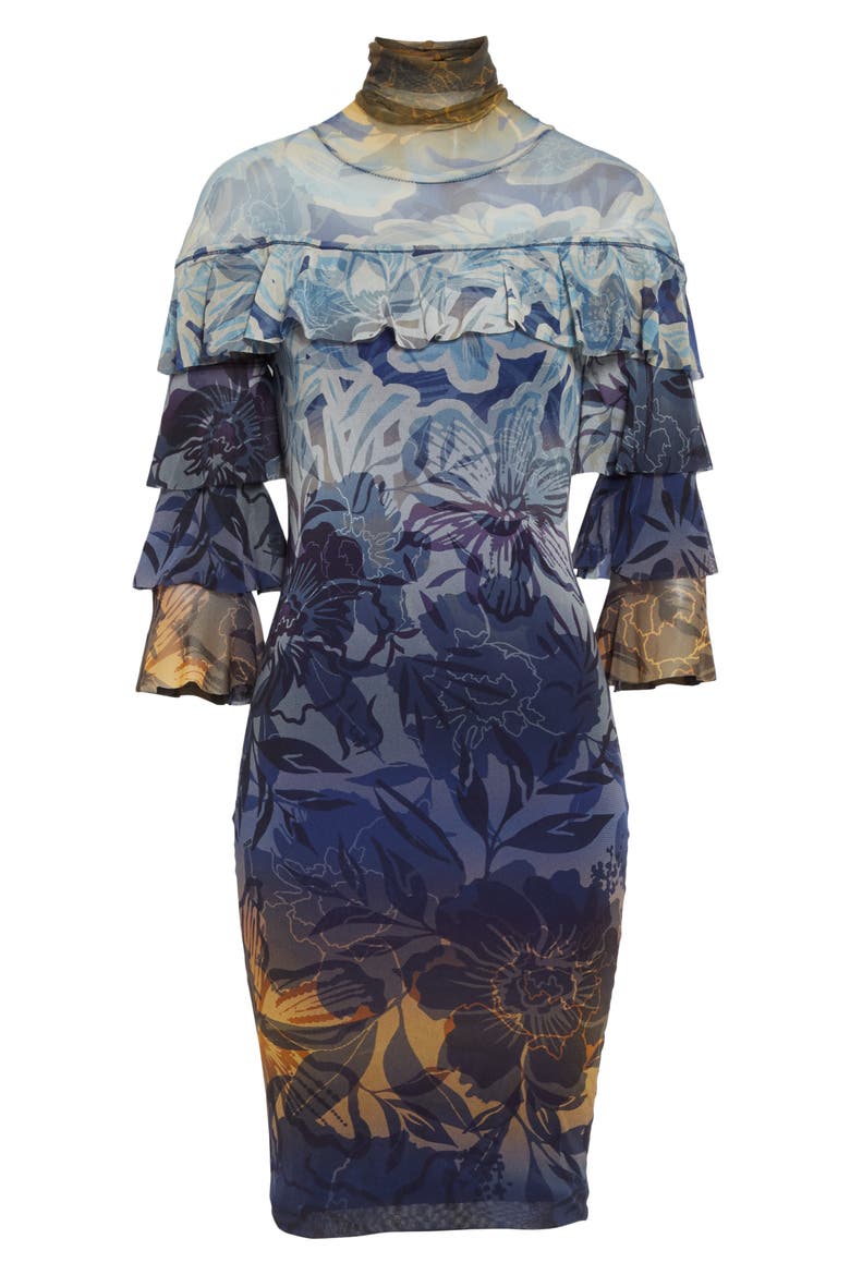 Dégradé Floral Ruffle Sleeve Dress, Alternate, color, AVIO