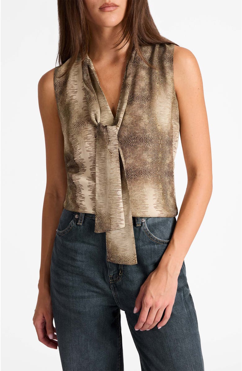 Santorelli Teca Sleeveless Printed Tie Neck Blouse, Alternate, color, Sahara