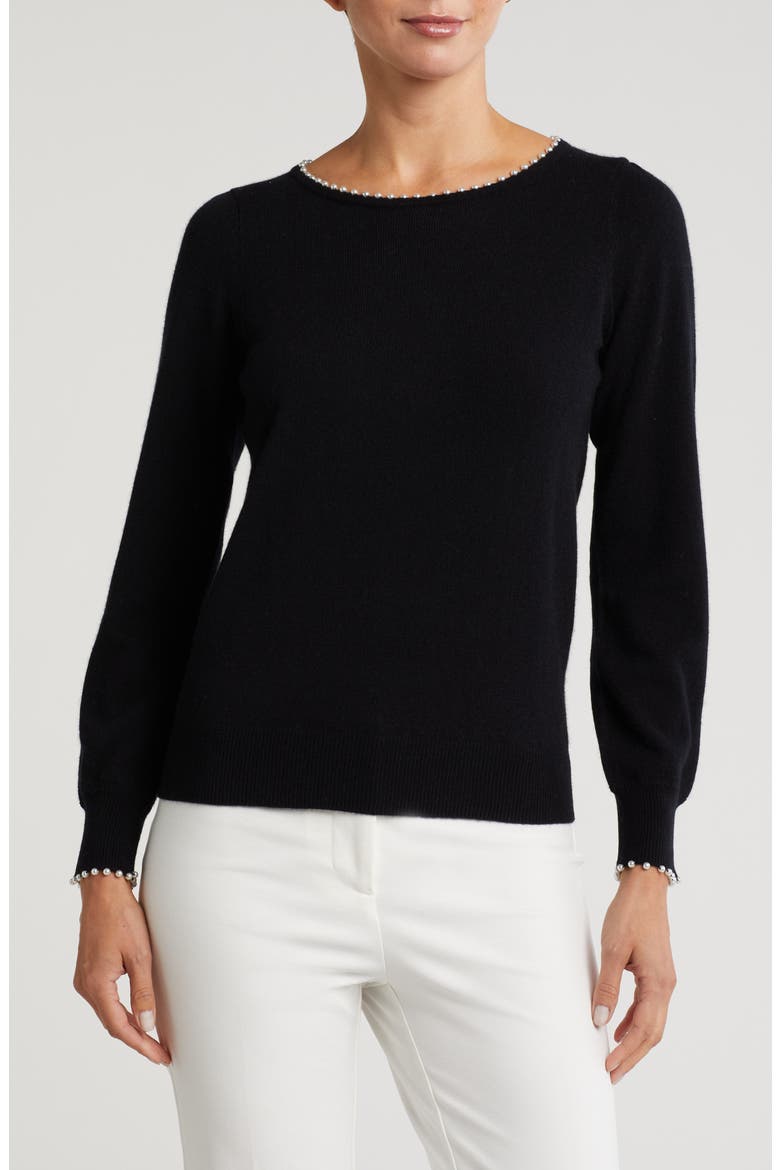 Imitation Pearl Cashmere Crewneck Sweater, Main, color, BLACK