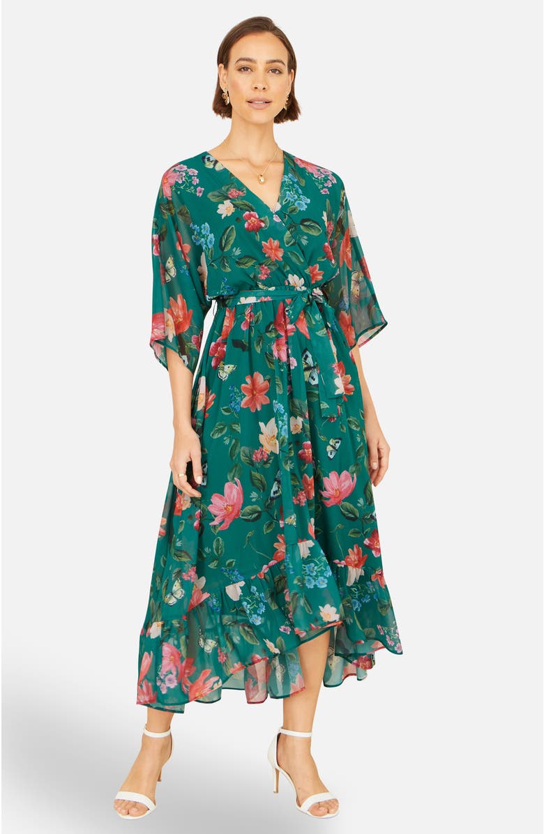Yumi Floral Dip Hem Dress, Alternate, color, Green