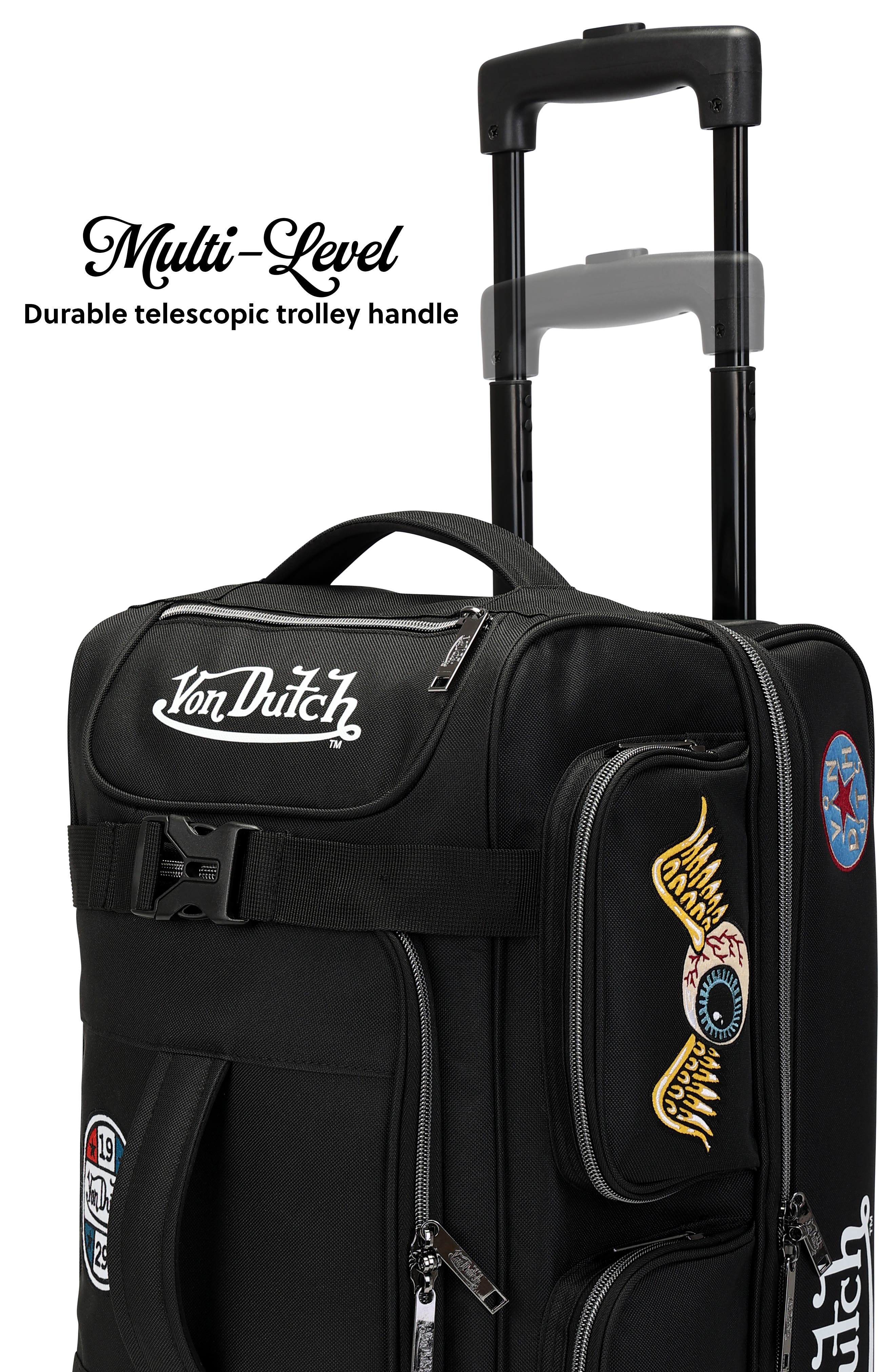Von Dutch Signature Patch Rolling Travel Duffel Bag with Inline Skate Wheels, Alternate, color, Black
