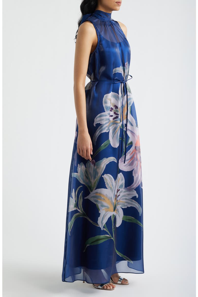Printed Tie Neck Organza Cocktail Dress, Alternate, color, NAVY MULTI