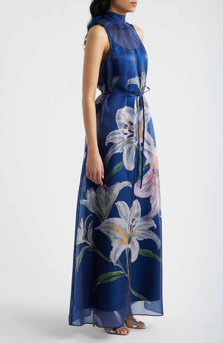 Julia Jordan Printed Tie Neck Organza Cocktail Dress, Alternate, color, 