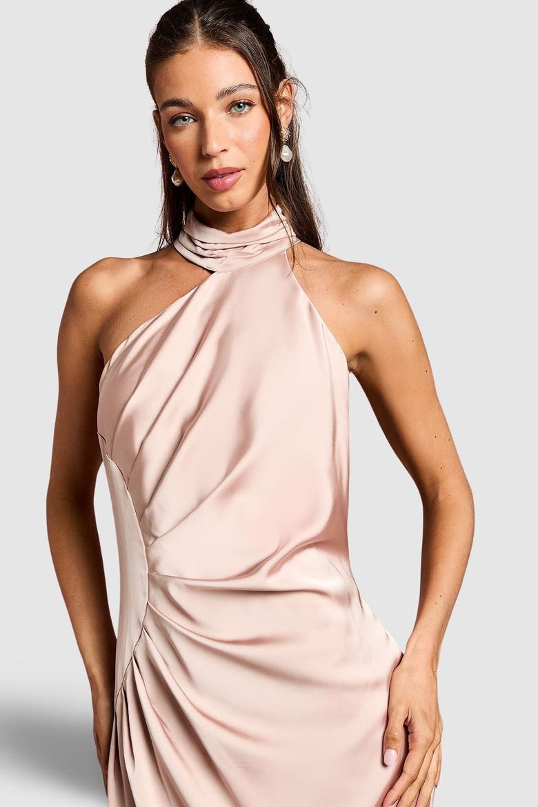 Satin Asymmetric Neck Maxi Dress, Alternate, color, Mocha