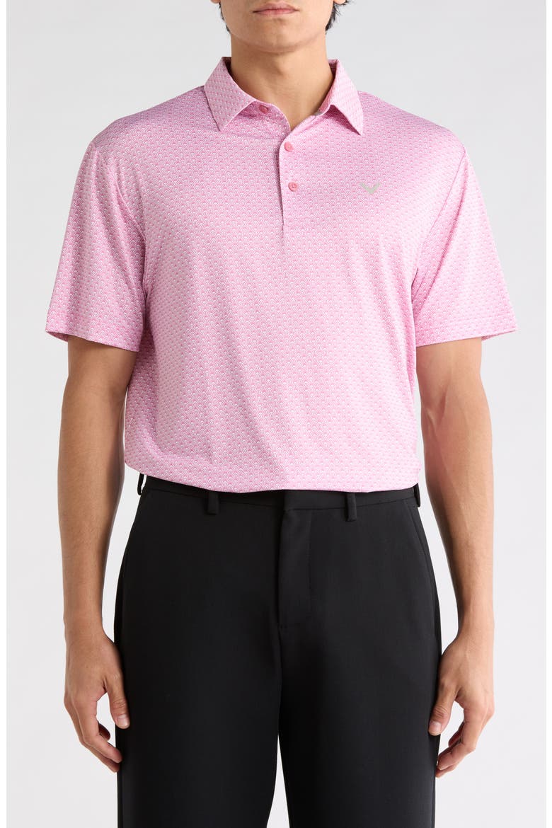 Chevron Foulard Print Short Sleeve Polo, Main, color, ROSE BOQUET