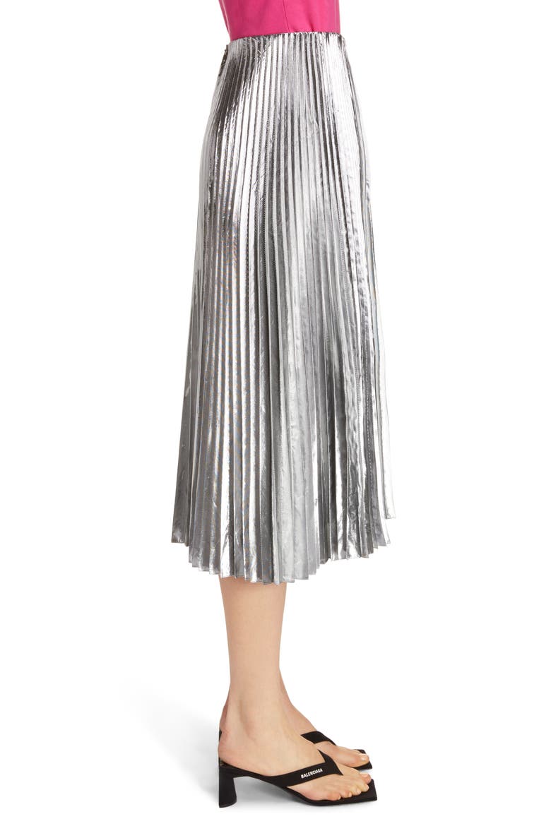 Metallic Pleated Wool Blend Midi Skirt, Alternate, color, SILVER