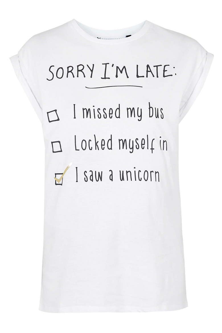 'Sorry I'm Late' Short Sleeve Tee, Alternate, color, WHITE